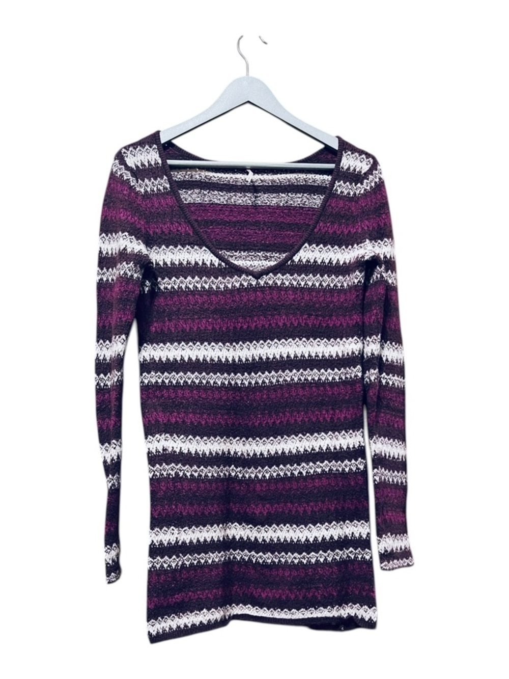 Free People Stripe Knit Sweater Dress Tunic Boho V-Neck Chevron Size L - Picture 2 of 5